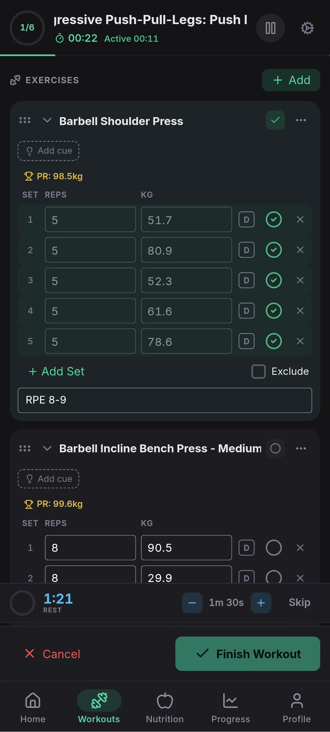 Live workout tracking with set logging, rest timer, and PR detection